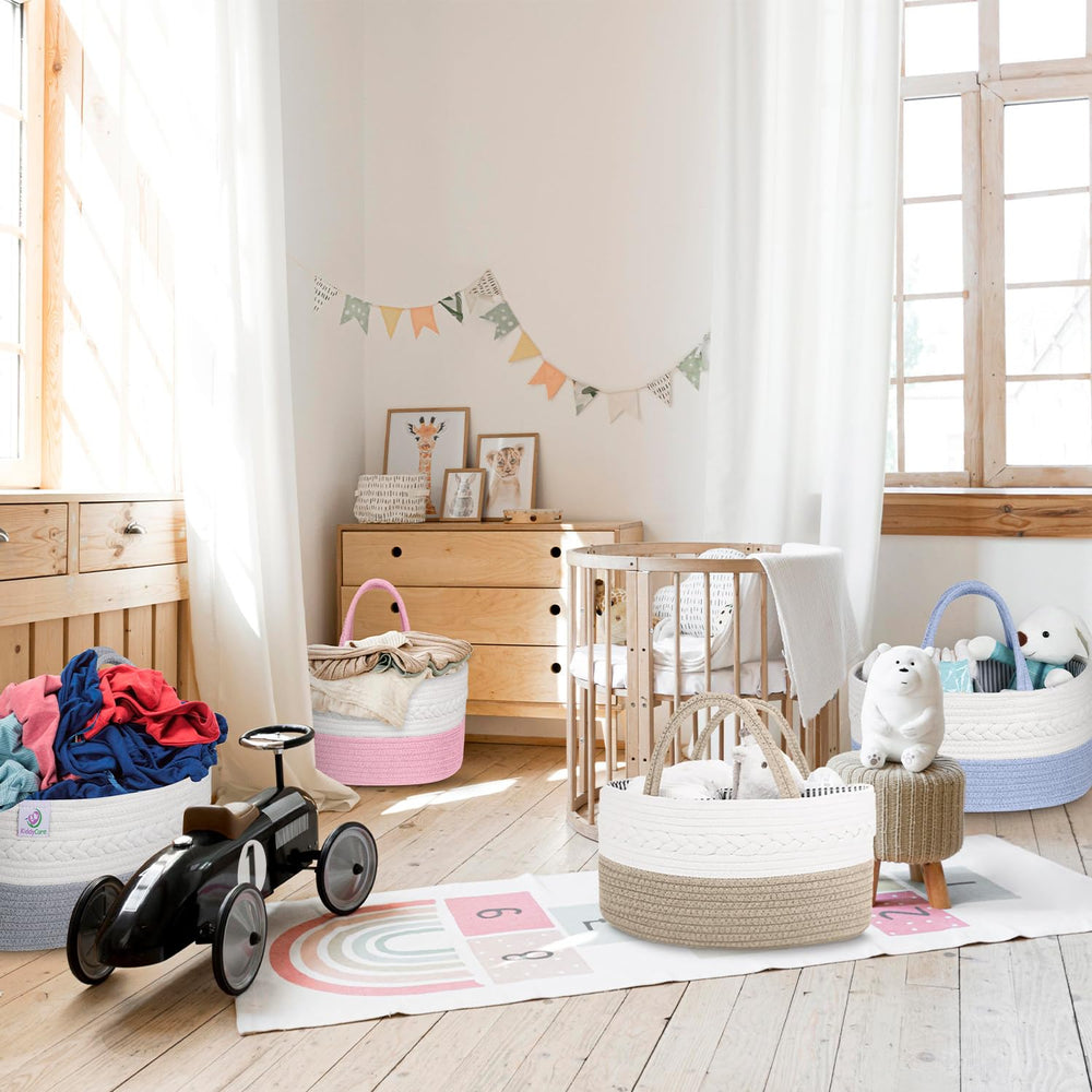 KiddyCare gray diaper caddy helps maintain an orderly home nursery.