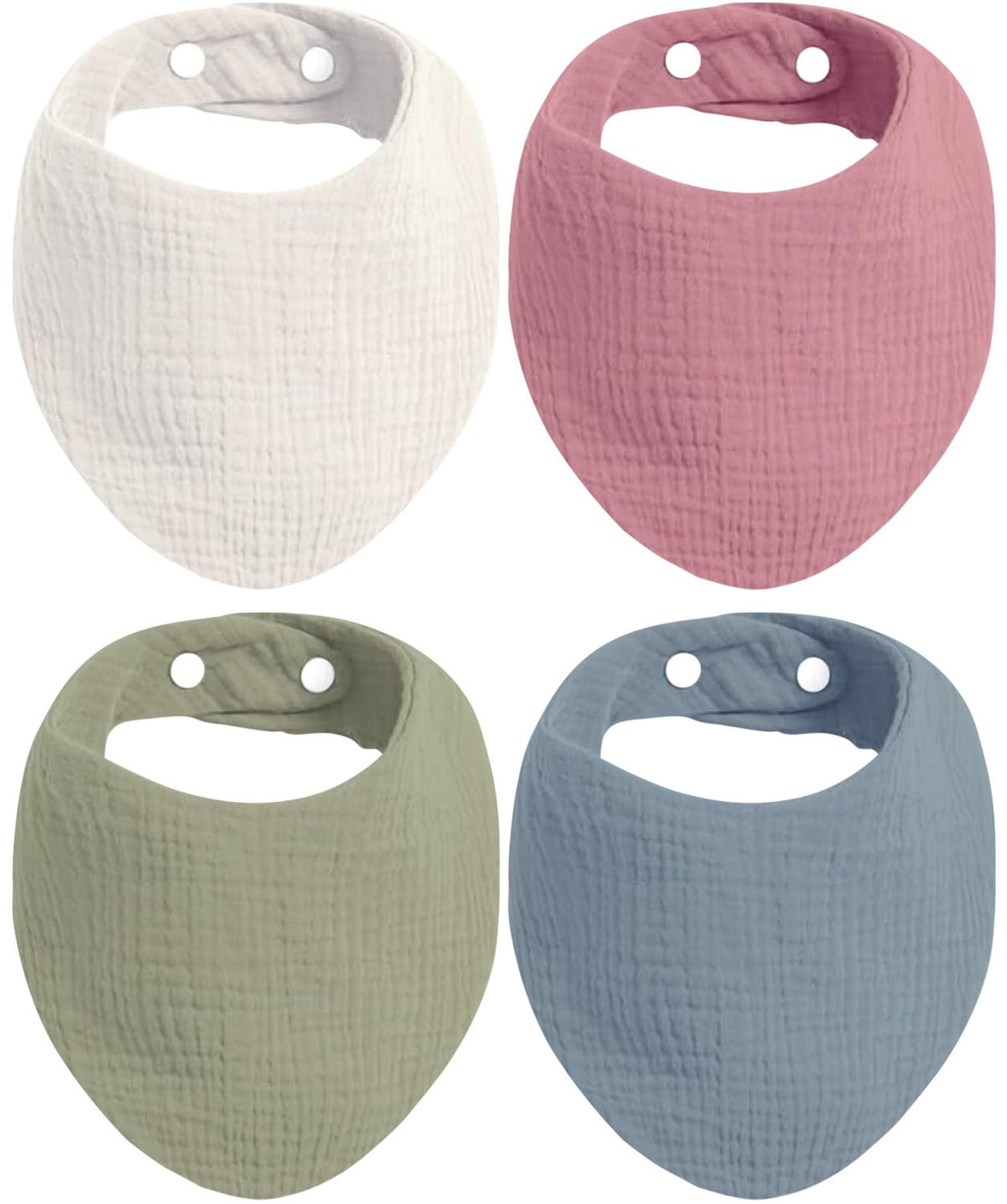 KiddyCare organic muslin bibs pack front view shows four colors, gentle on baby's skin.