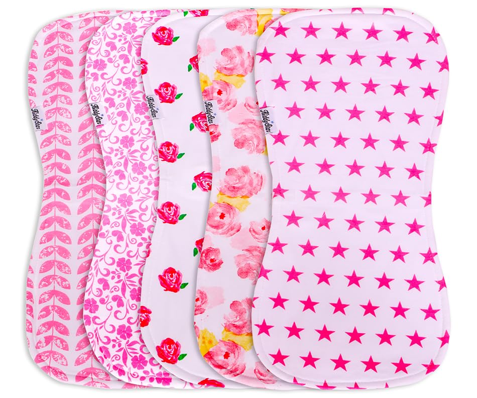 KiddyStar 5-pack burp cloths folded, showing soft organic cotton and absorbency