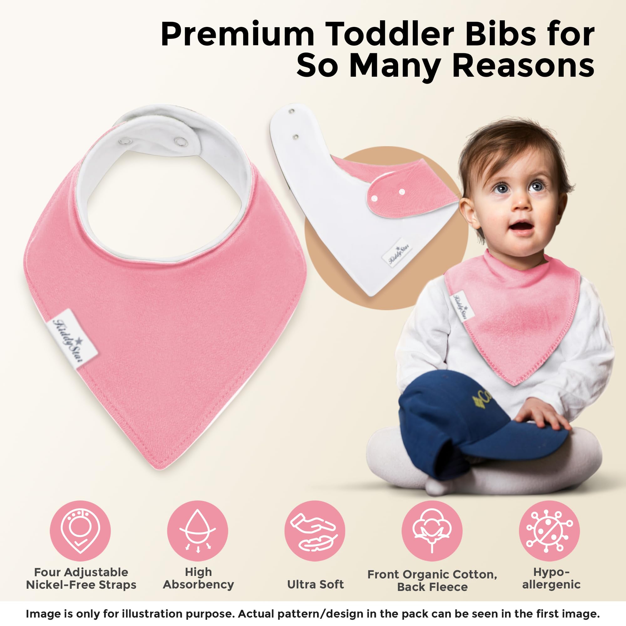 KiddyStar bandana bib with adjustable nickel-free snaps, grows with baby from 0 to 36 months.