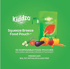 Kiddzo leak-proof self-standing pouches stay upright during travel and show contents clearly.