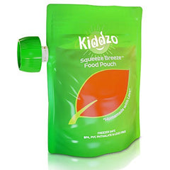 Kiddzo 6oz reusable pouch with spoon for mess-free on-the-go feeding.