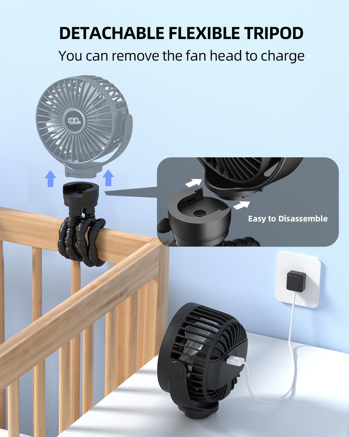 KIDEE Mini Stroller Fan three-legged clip design for desk or stroller use.