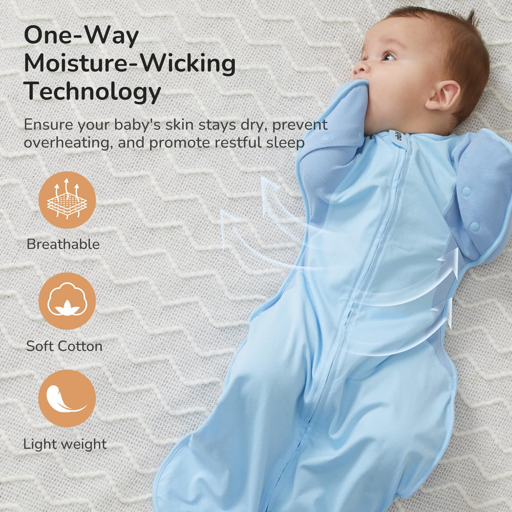 Kidira transition sleep sack blue demonstrates unrestricted leg movement for natural sleep