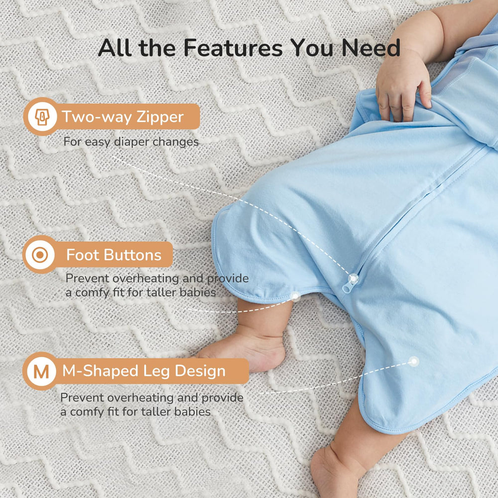 Kidira transition swaddle foot-button blue shows adjustable length and scratch protection