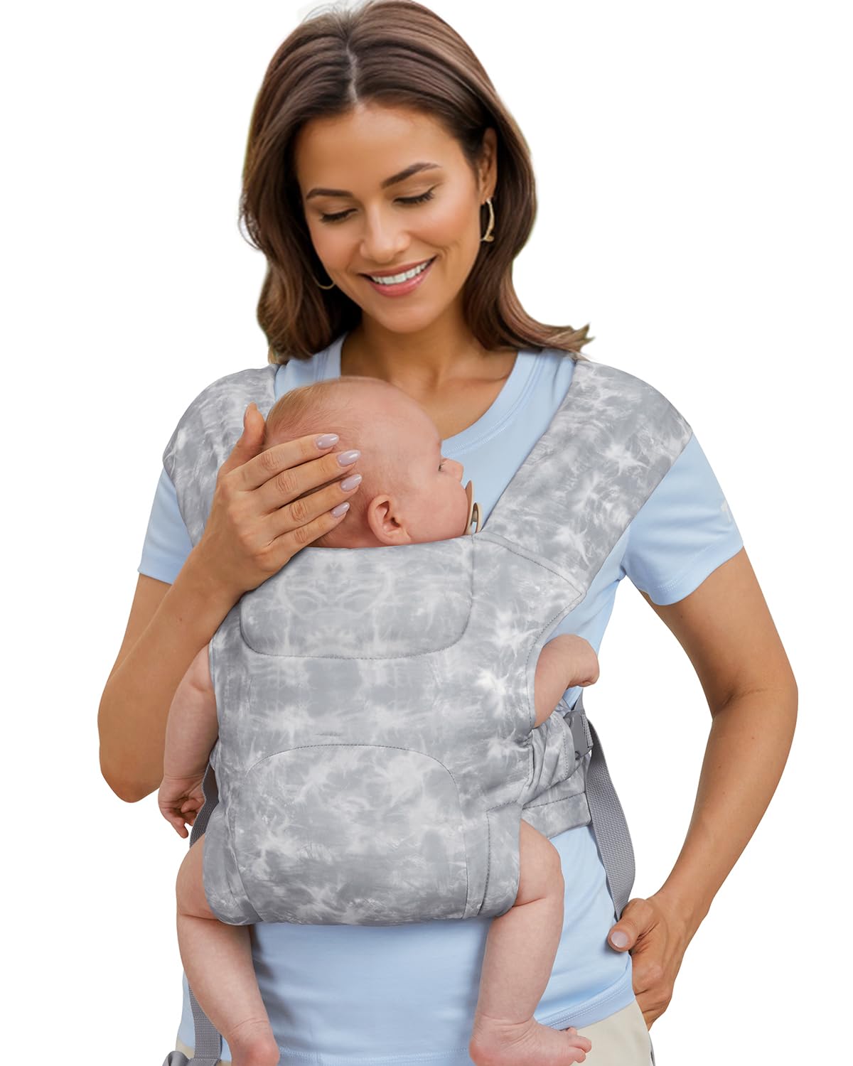 KIDIRA newborn carrier wrapped in TieDyeGre fabric for quick secure wear