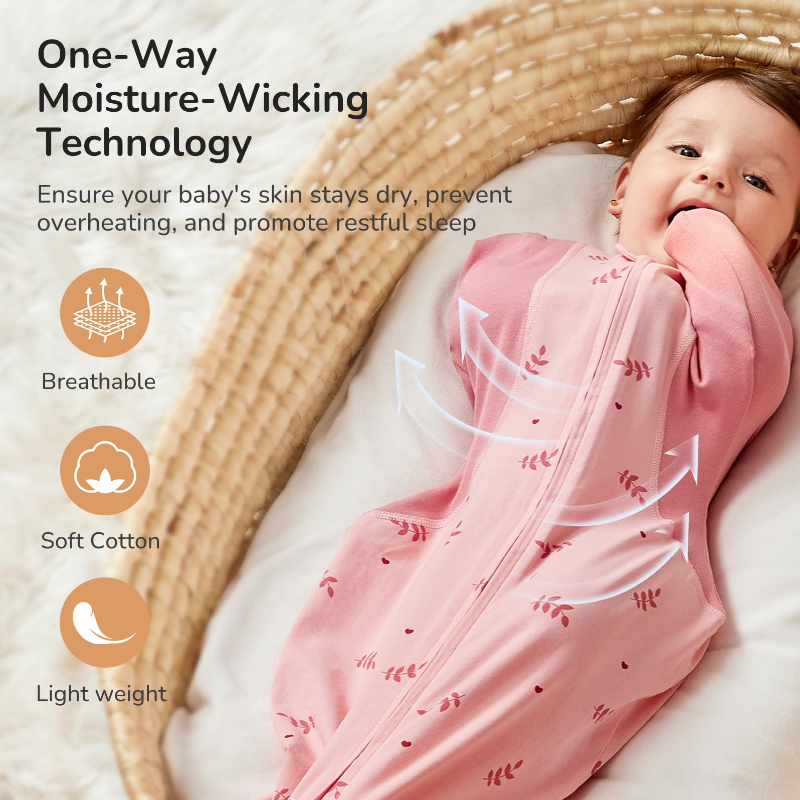 KIDIRA swaddle featuring a 2-way zipper for easy changes.