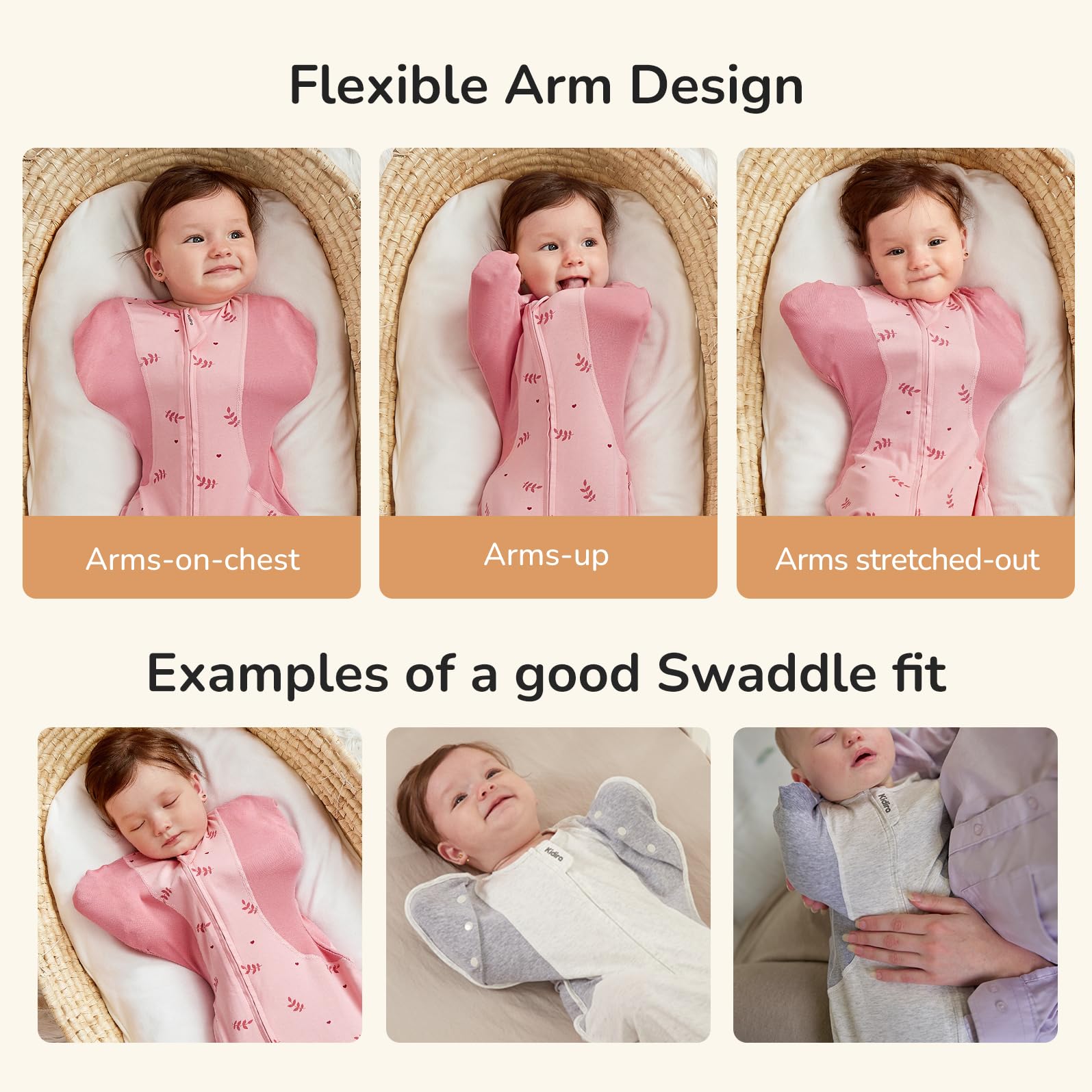 KIDIRA wide-hem swaddle supports natural hip movement for comfortable sleep.