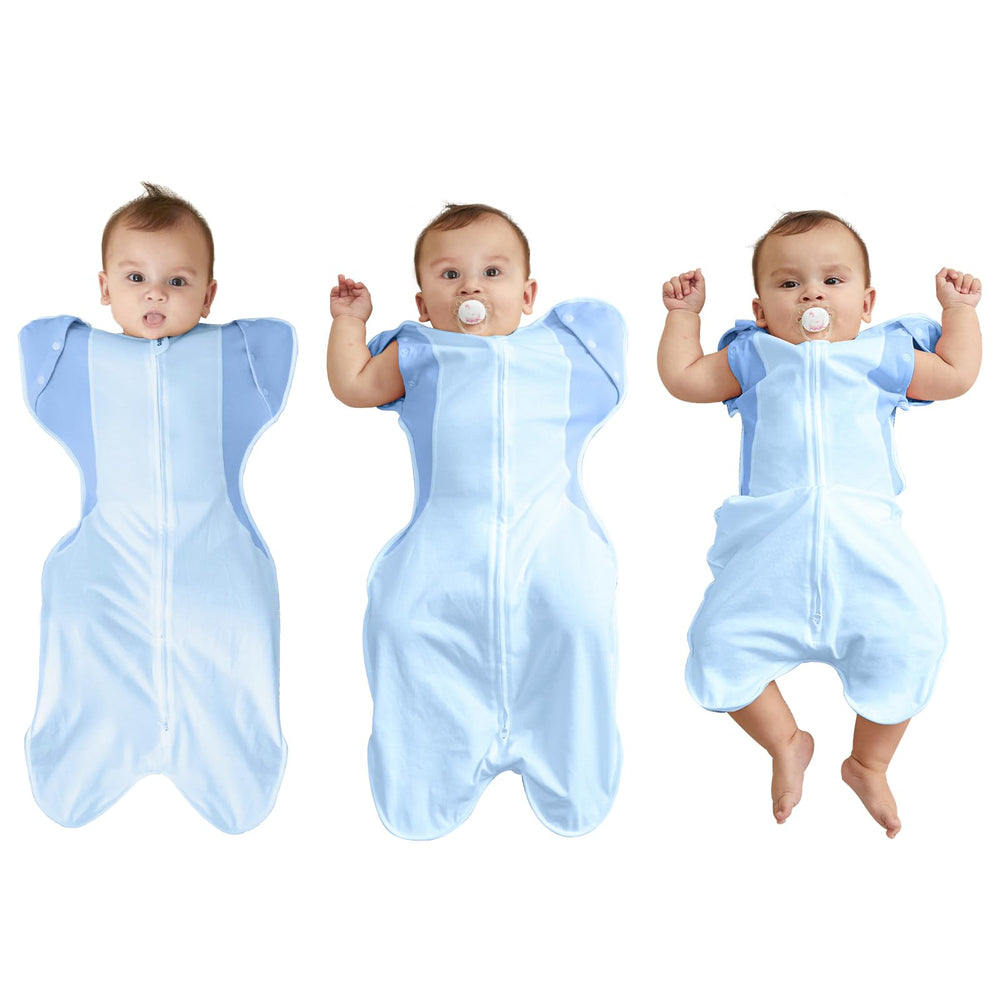 Kidira transition swaddle arms-in blue shows secure snug fit for calm sleep