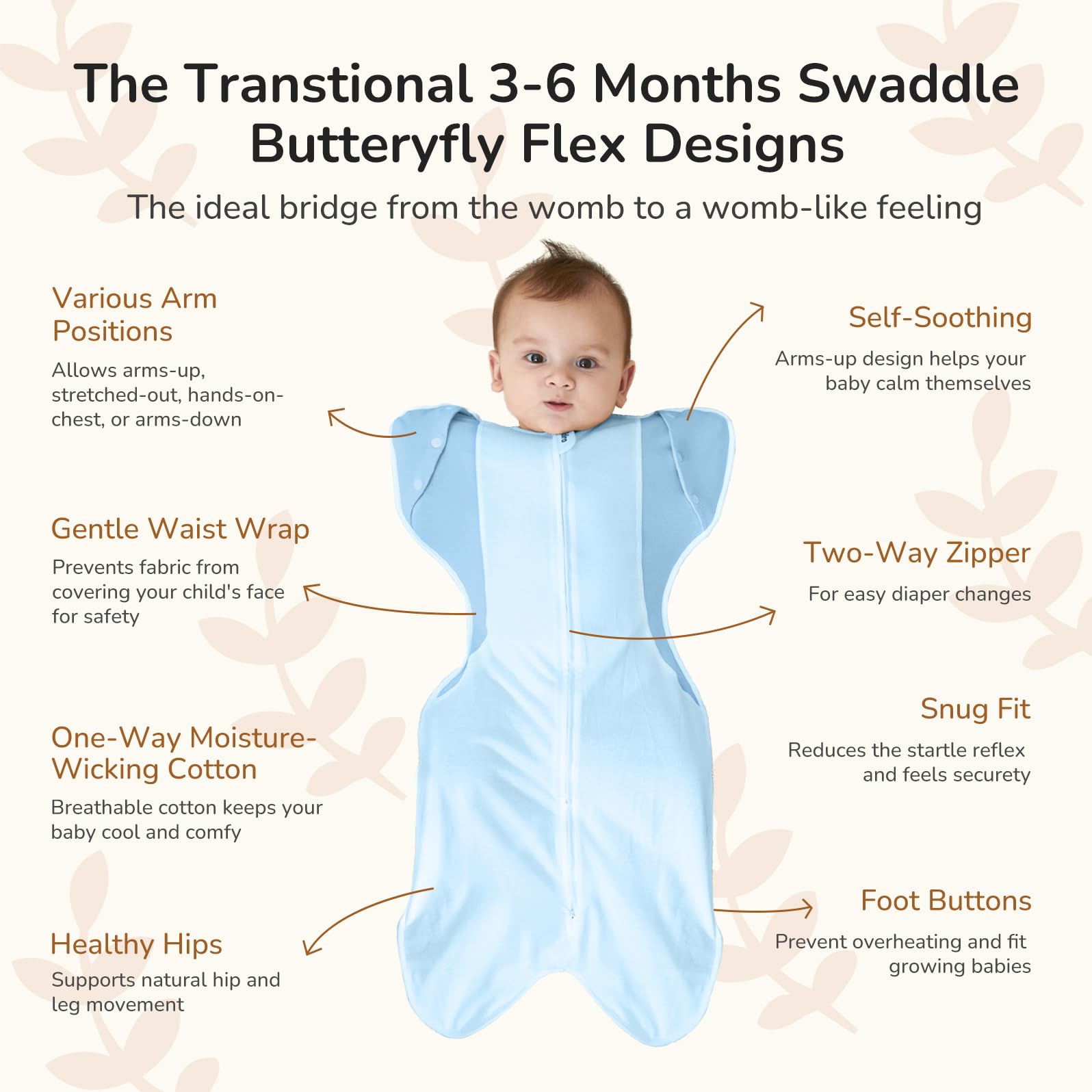Kidira transition swaddle arms-out blue demonstrates easy swaddle to sleep sack transition