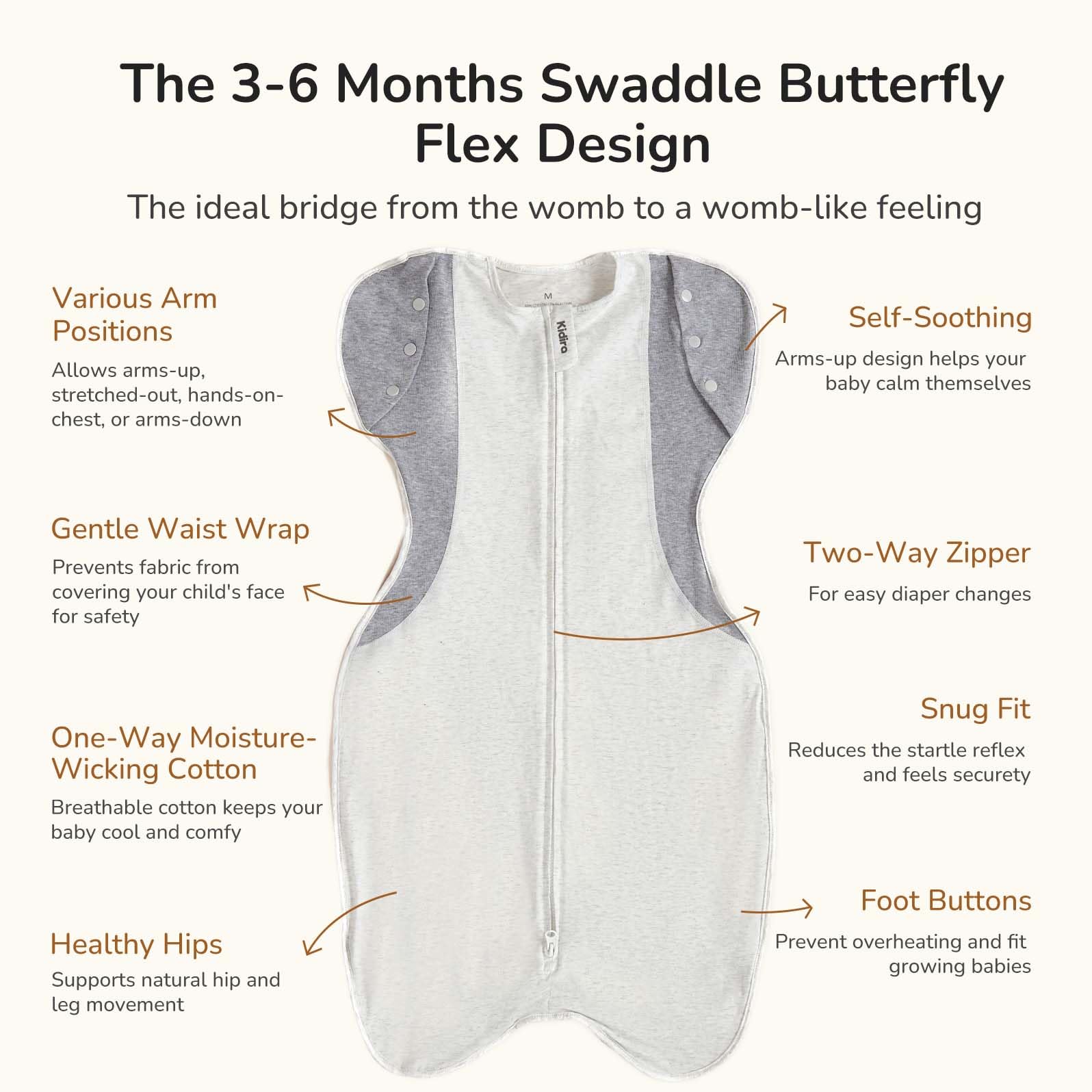 KIDIRA Transition Swaddle wide hip hem supports natural leg movement and hip comfort