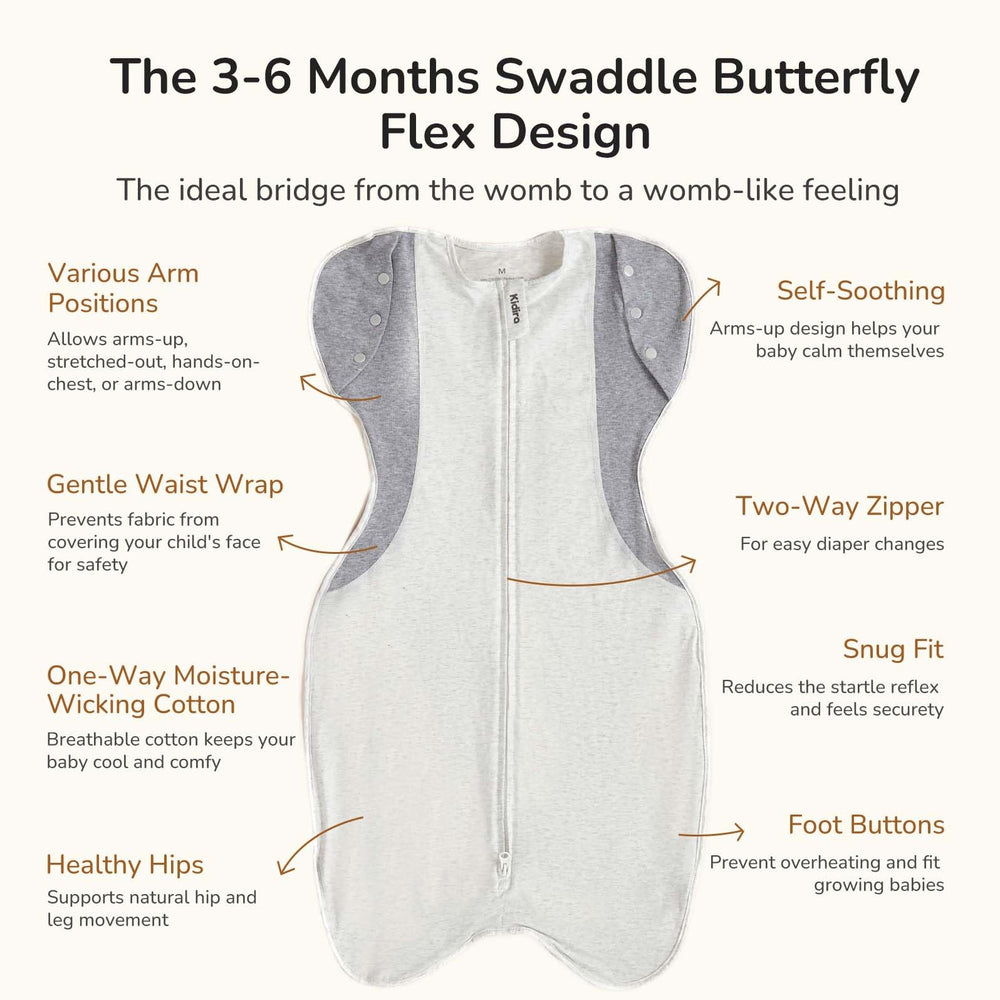 KIDIRA Transition Swaddle wide hip hem supports natural leg movement and hip comfort
