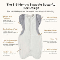 KIDIRA Transition Swaddle wide hip hem supports natural leg movement and hip comfort