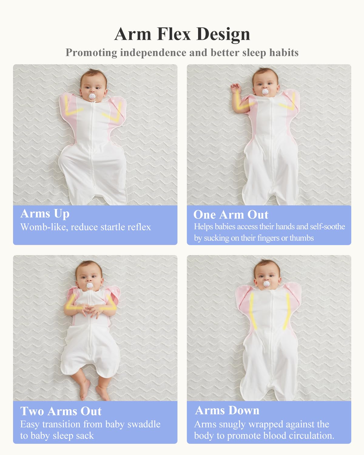KIDIRA Transition Swaddle with widened hem supports natural hip movement.