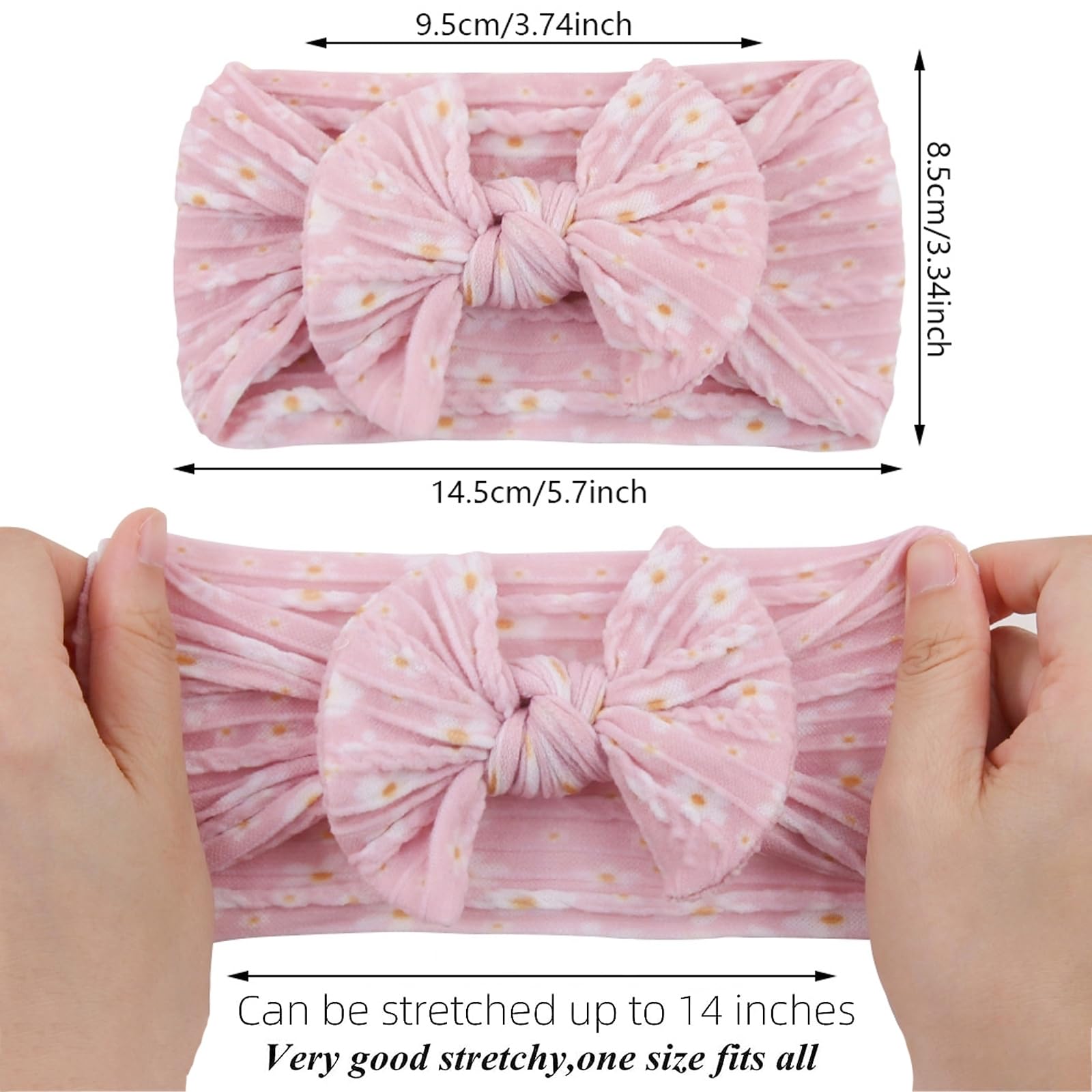 Kidocheese newborn bow headband in pink with soft stretch for delicate hair.