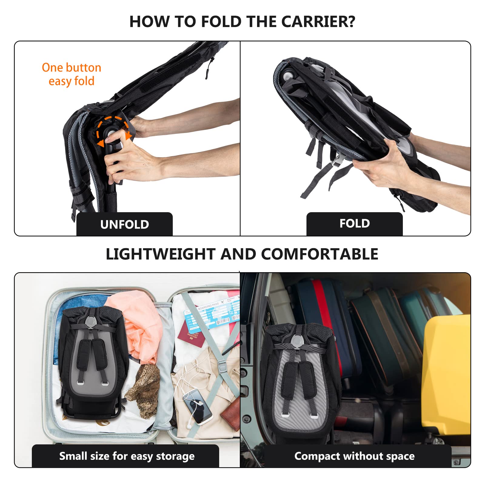 Kidpprod compact foldable carrier for easy travel and quick storage.