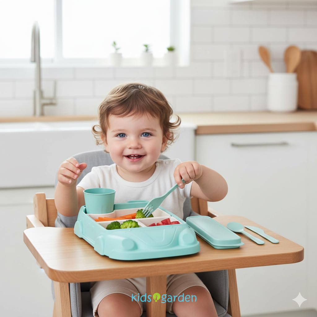Kids Garden plate cup slot keeps drinks secure during meals.