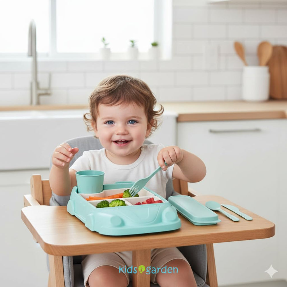 Kids Garden plate cup slot keeps drinks secure during meals.