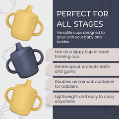 Kidsco sippy cups feature easy-grip handles for tiny hands during meals.