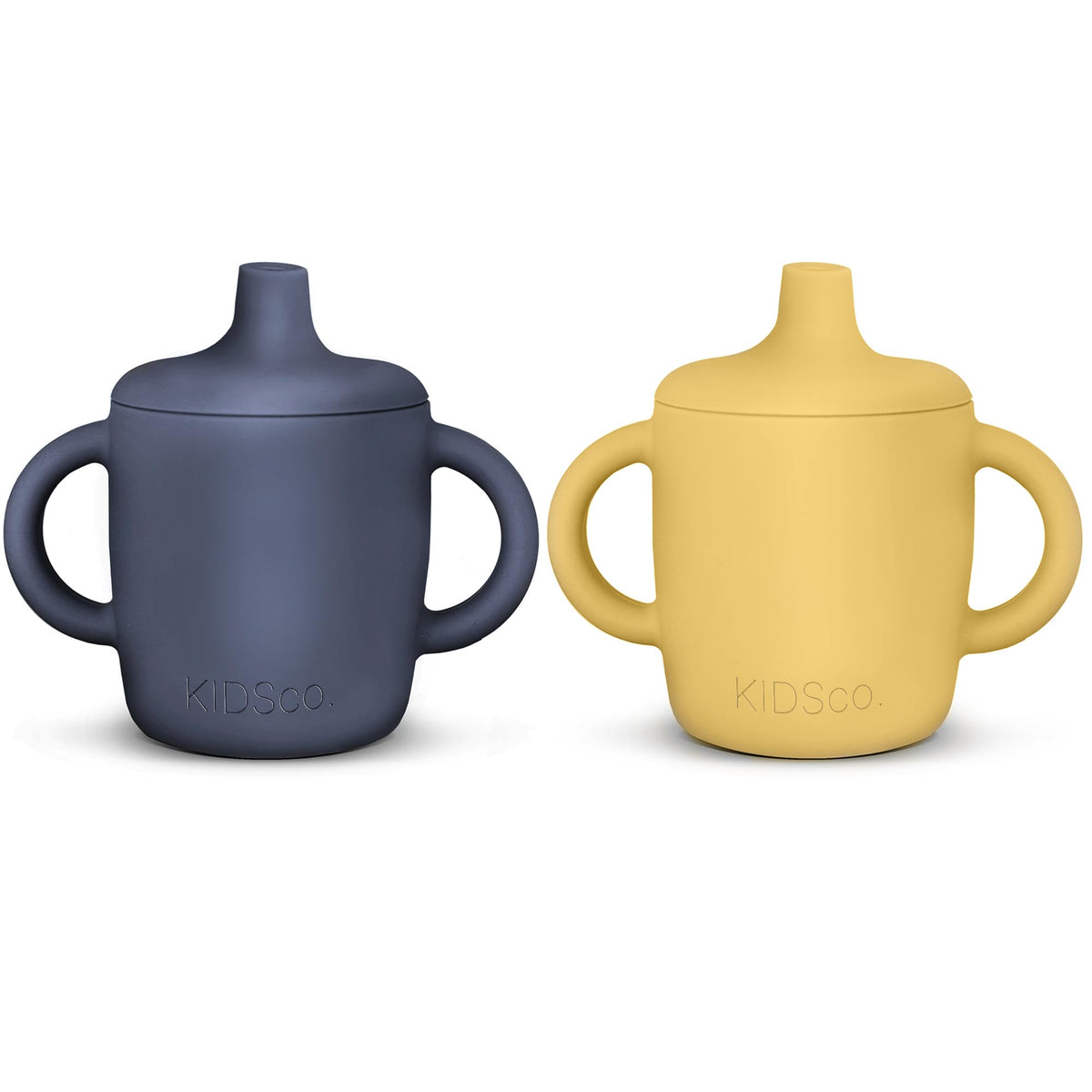 Kidsco silicone sippy cups with soft spout for gentle sipping and early independence.