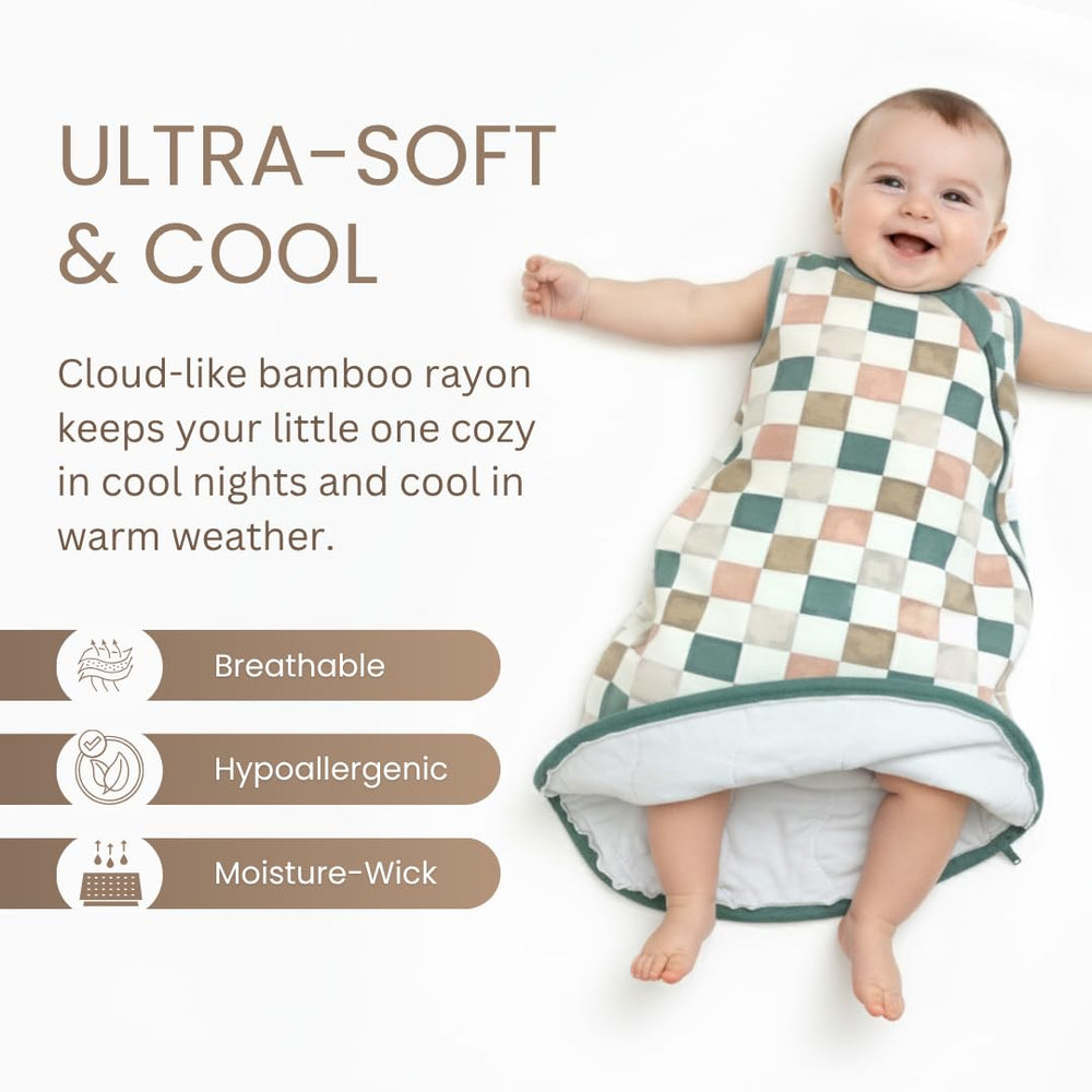 Kidsco sleep sack checkered design aids movement and hip-friendly space for growing toddlers.