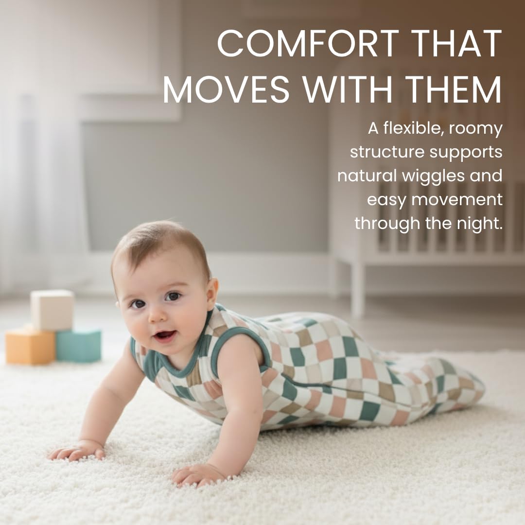 Kidsco sleep sack checkered with snug neckline helps prevent fabric shift toward the face.