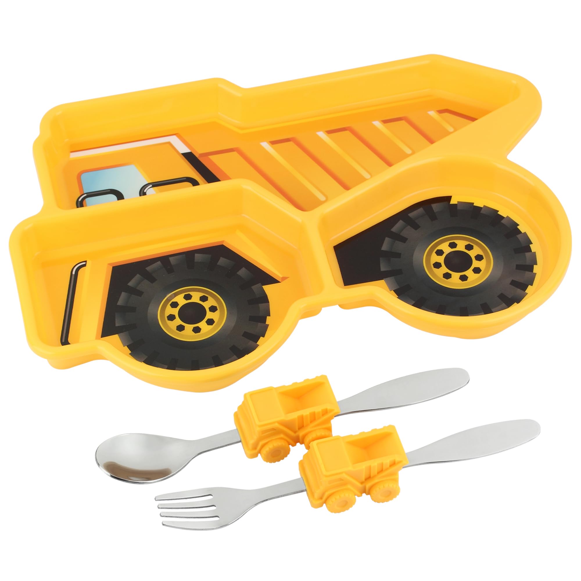KidsFunwares dump-truck divided plate with kid-sized utensils for mealtime
