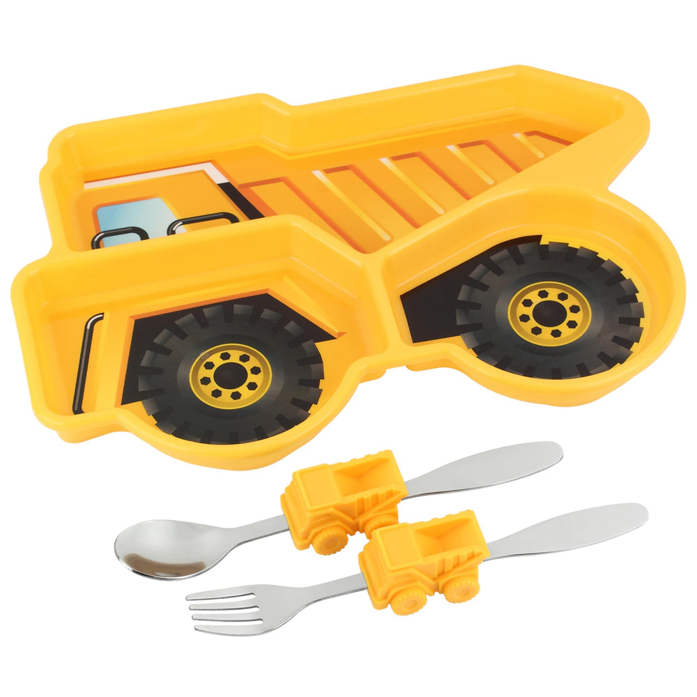 KidsFunwares dump-truck divided plate with kid-sized utensils for mealtime