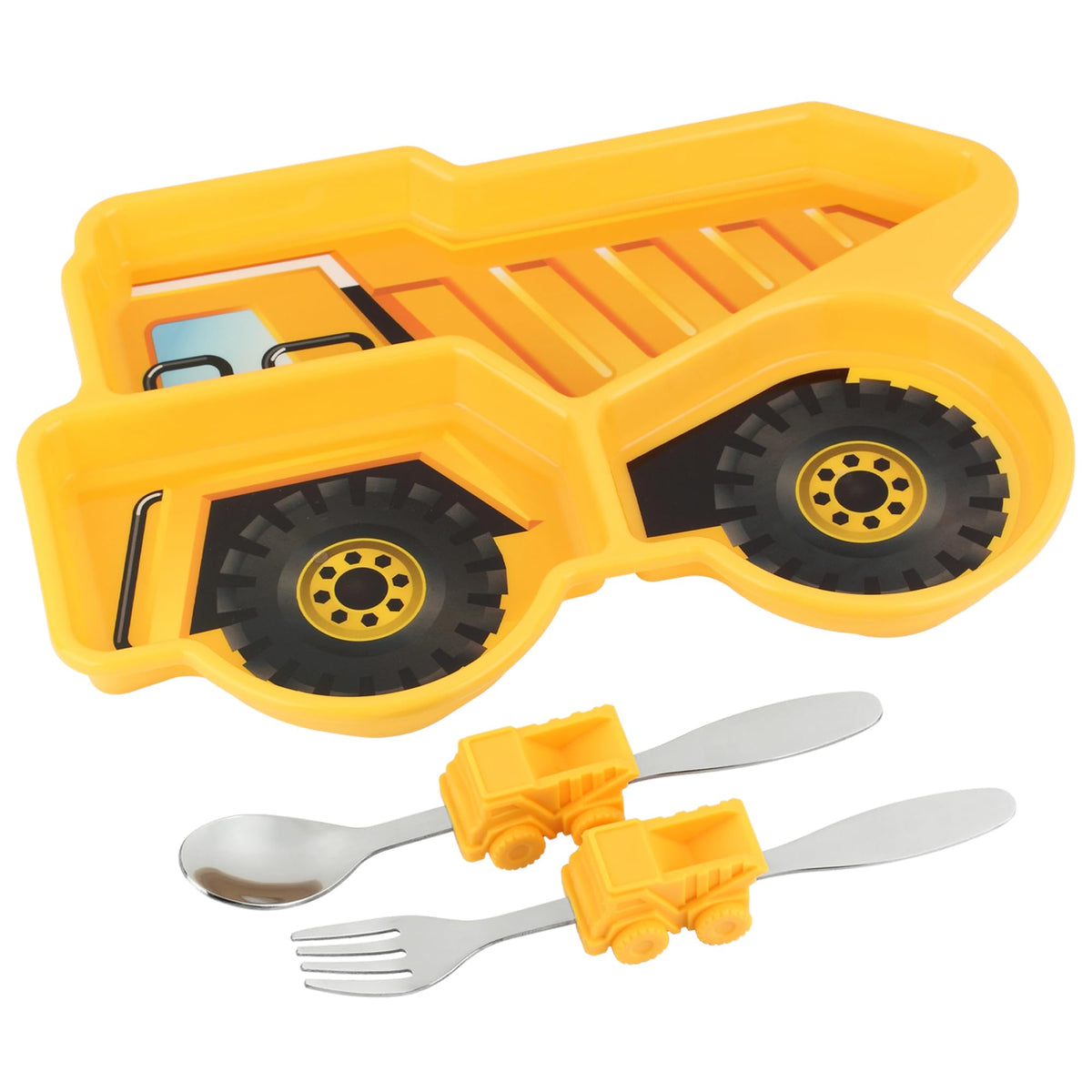 KidsFunwares dump-truck divided plate with kid-sized utensils for mealtime