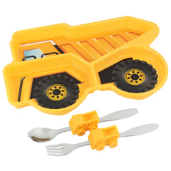 KidsFunwares dump-truck divided plate with kid-sized utensils for mealtime