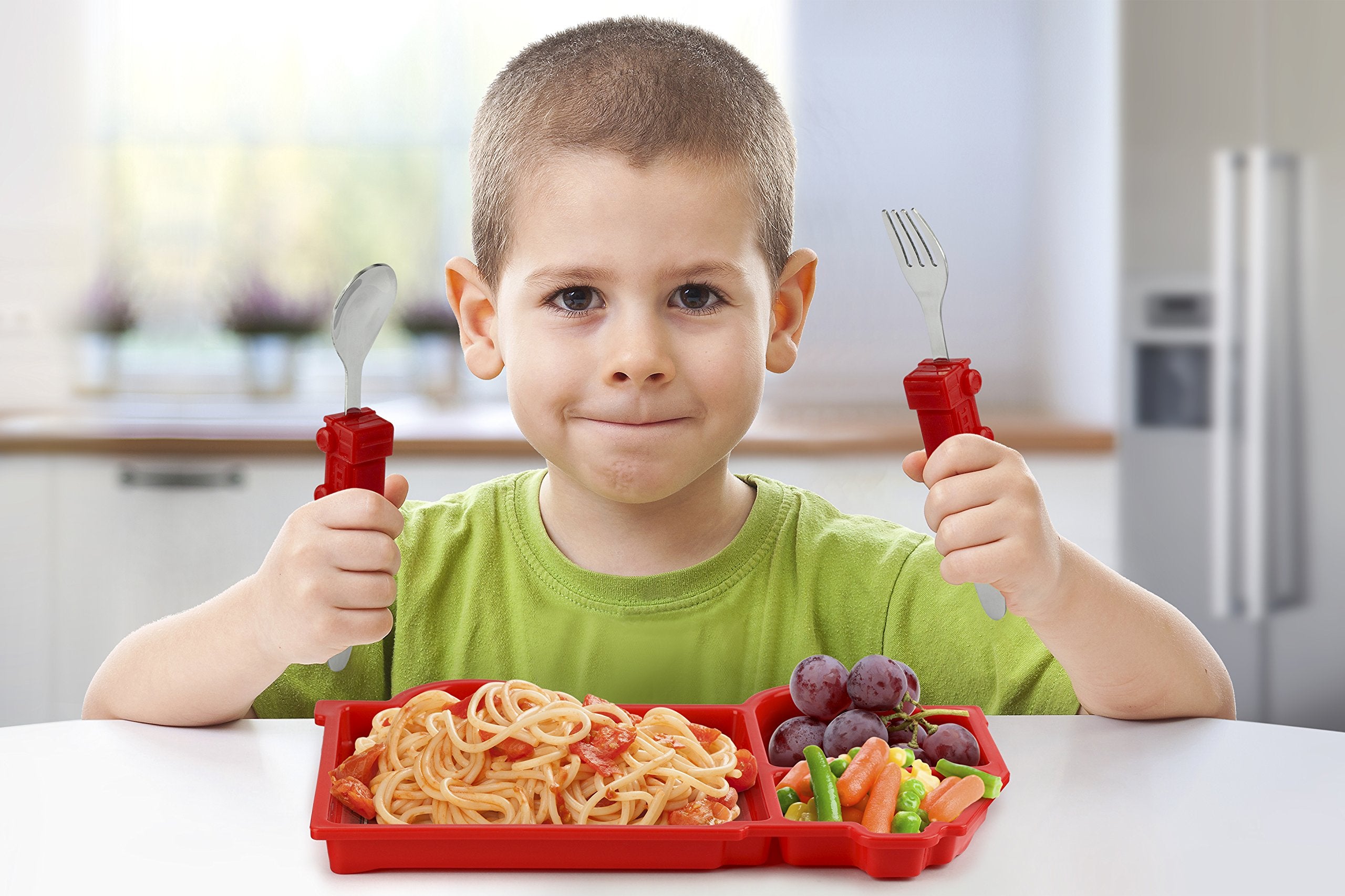 KidsFunwares kid utensils with attached shapes to encourage playful dining.