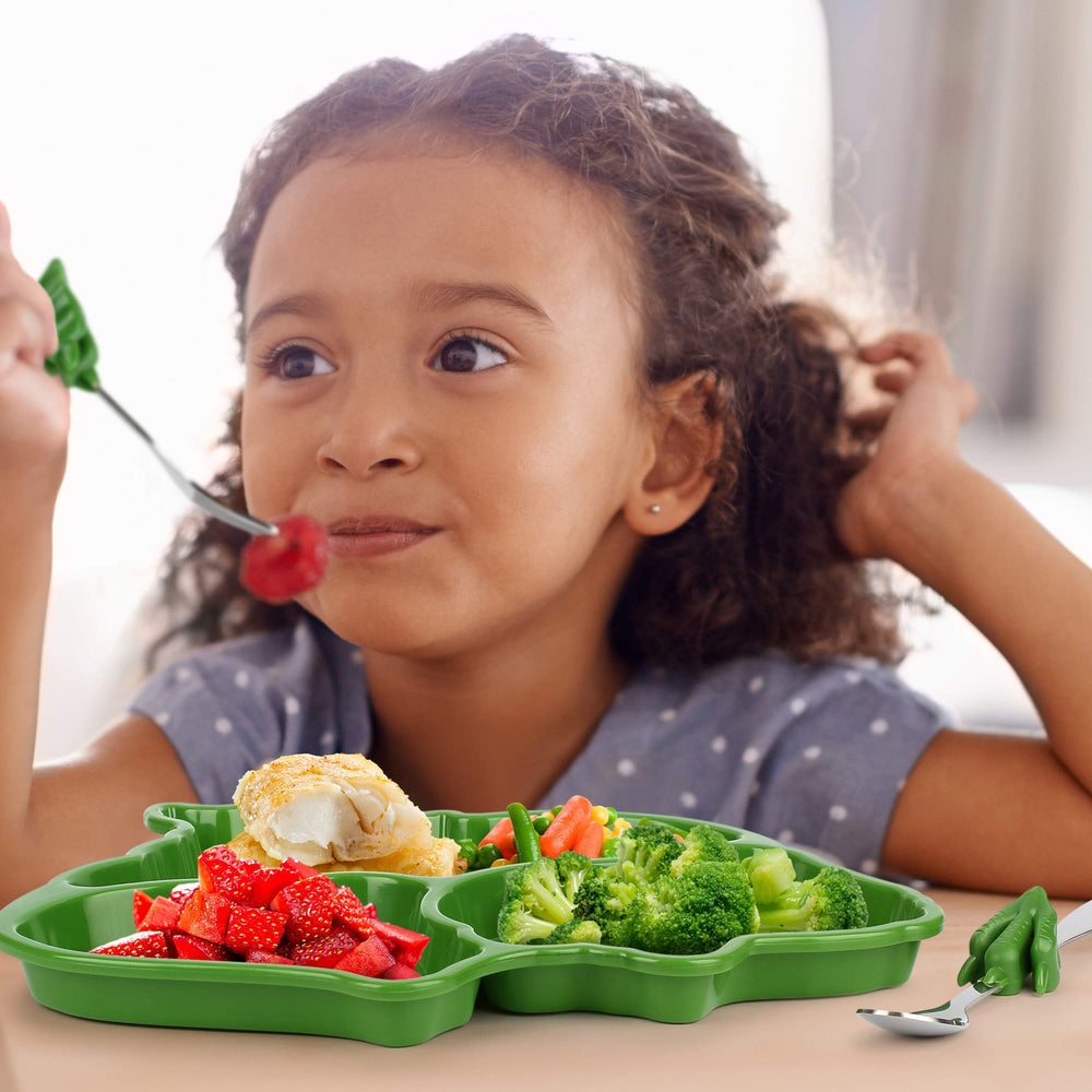 KidsFunwares T-Rex plate compartments close-up showing easy sectioning for picky eaters.