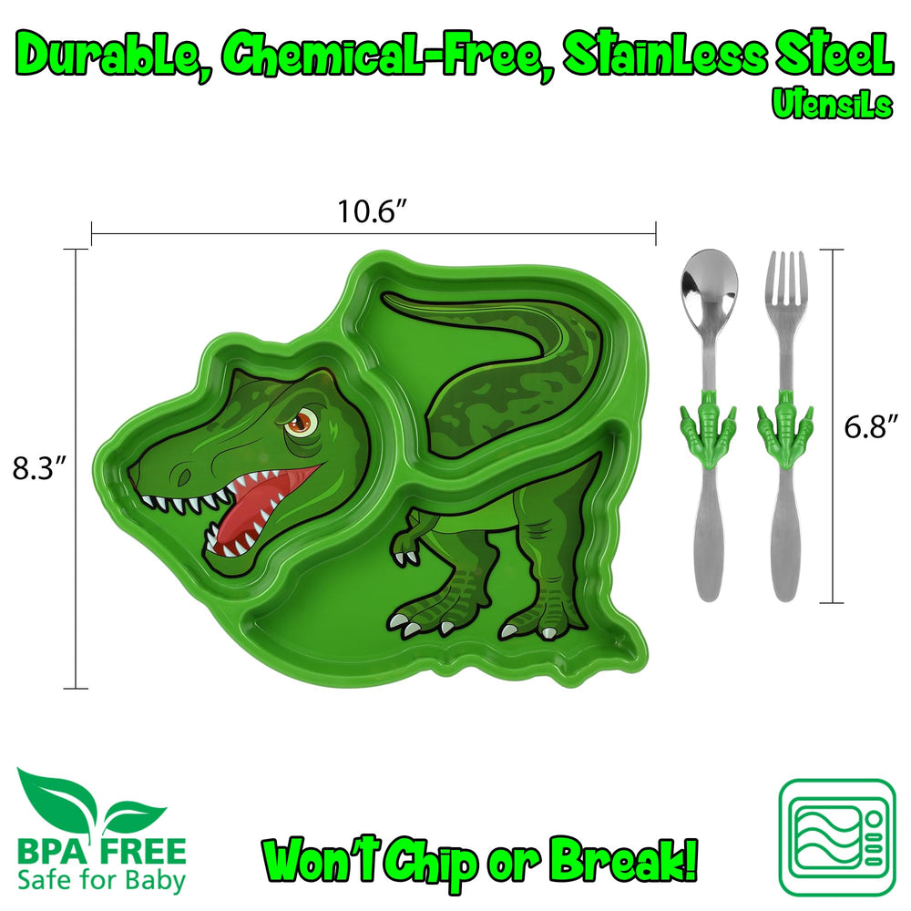 KidsFunwares T-Rex mealtime set ideal for preschoolers learning self-feeding.