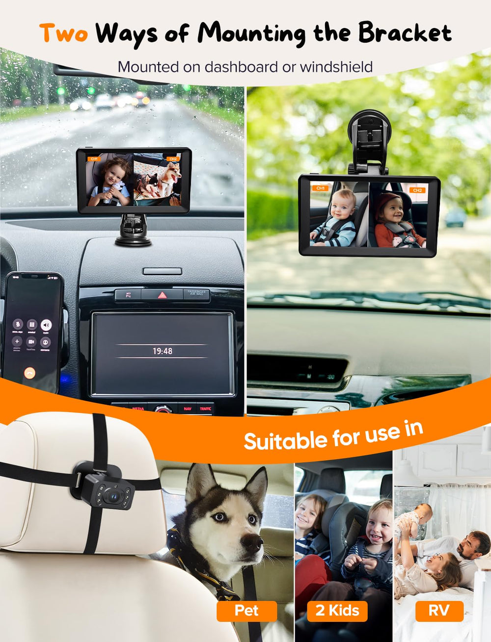 Kidsneed rear-facing camera mounts with Velcro for quick setup