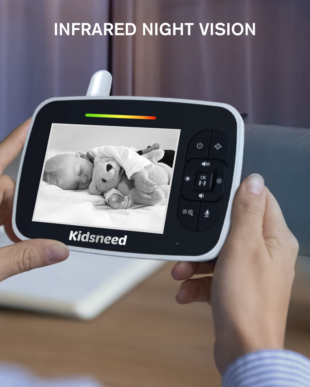 Kidsneed 1200mAh battery powers the monitor through the night