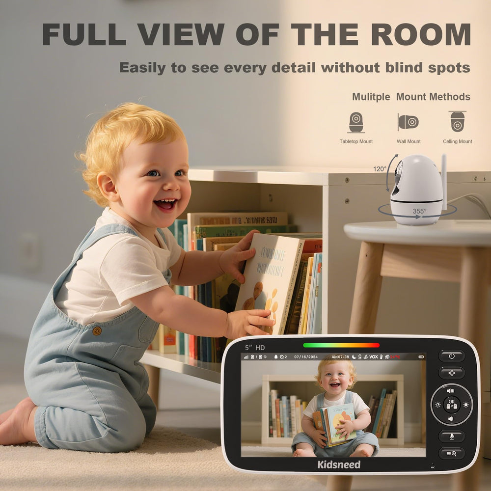 Kidsneed Baby Monitor remote PTZ control provides full-room visibility from nursery.