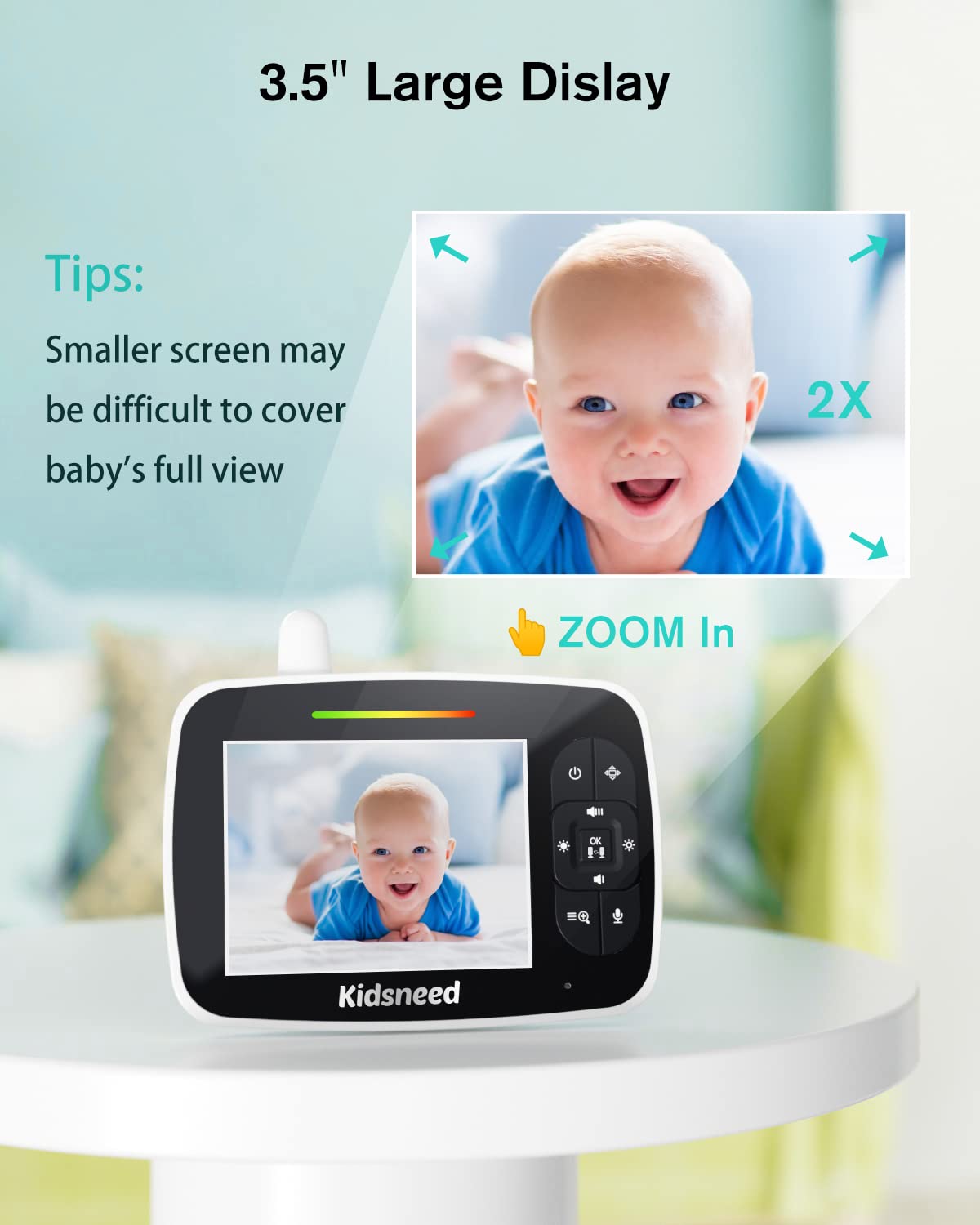 Kidsneed monitor showing remote pan-tilt-zoom for flexible baby views