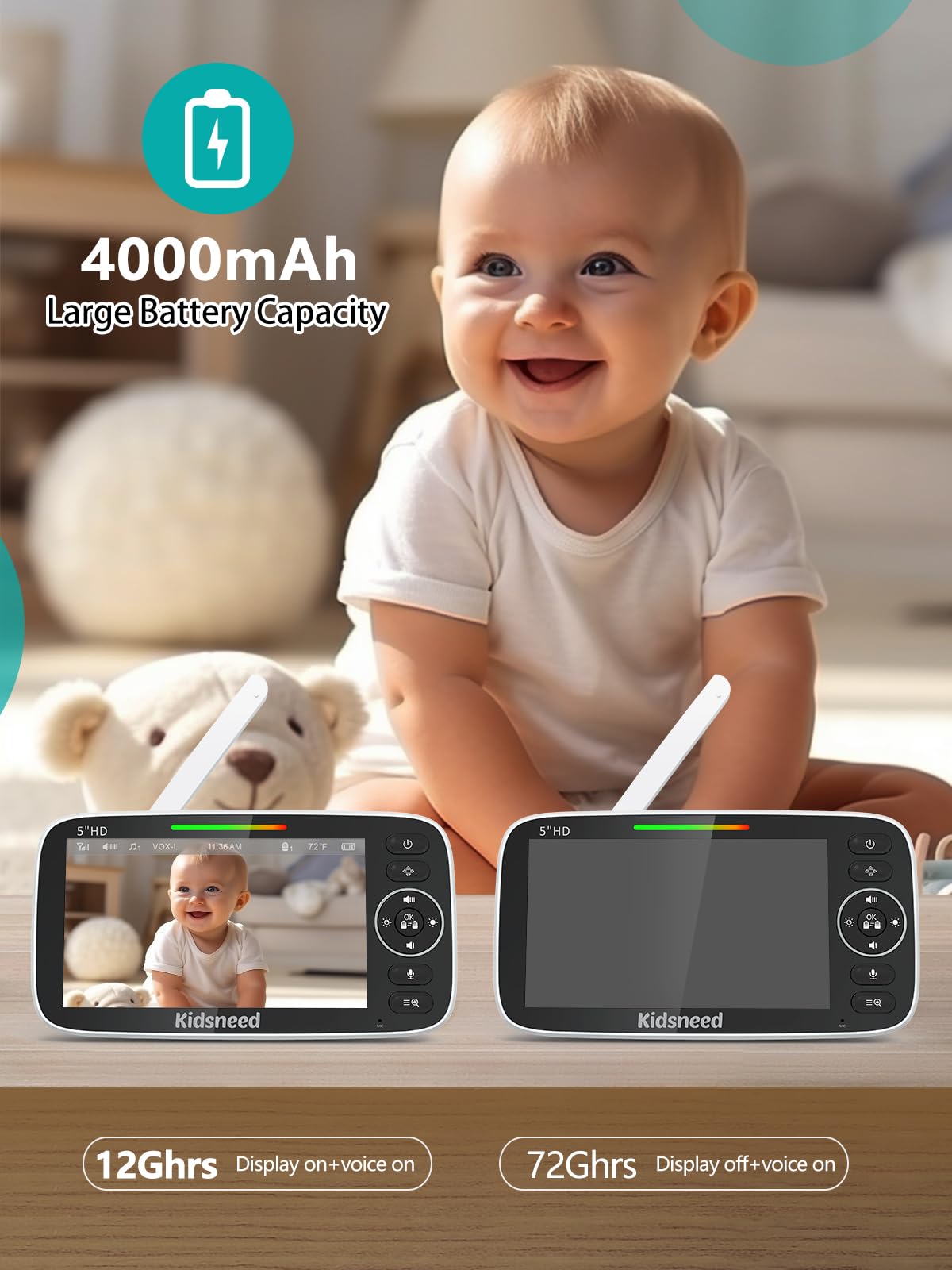 Kidsneed privacy-focused 2.4G FHSS transmission for safe monitoring.