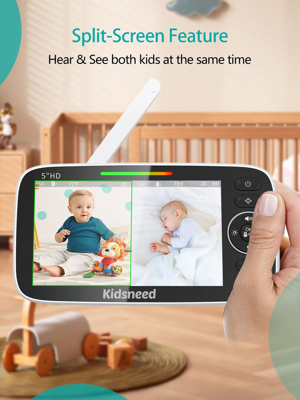 Kidsneed two HD cameras provide versatile coverage for monitoring.