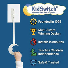 Kidswitch light switch extender shown during quick, tool-free installation.