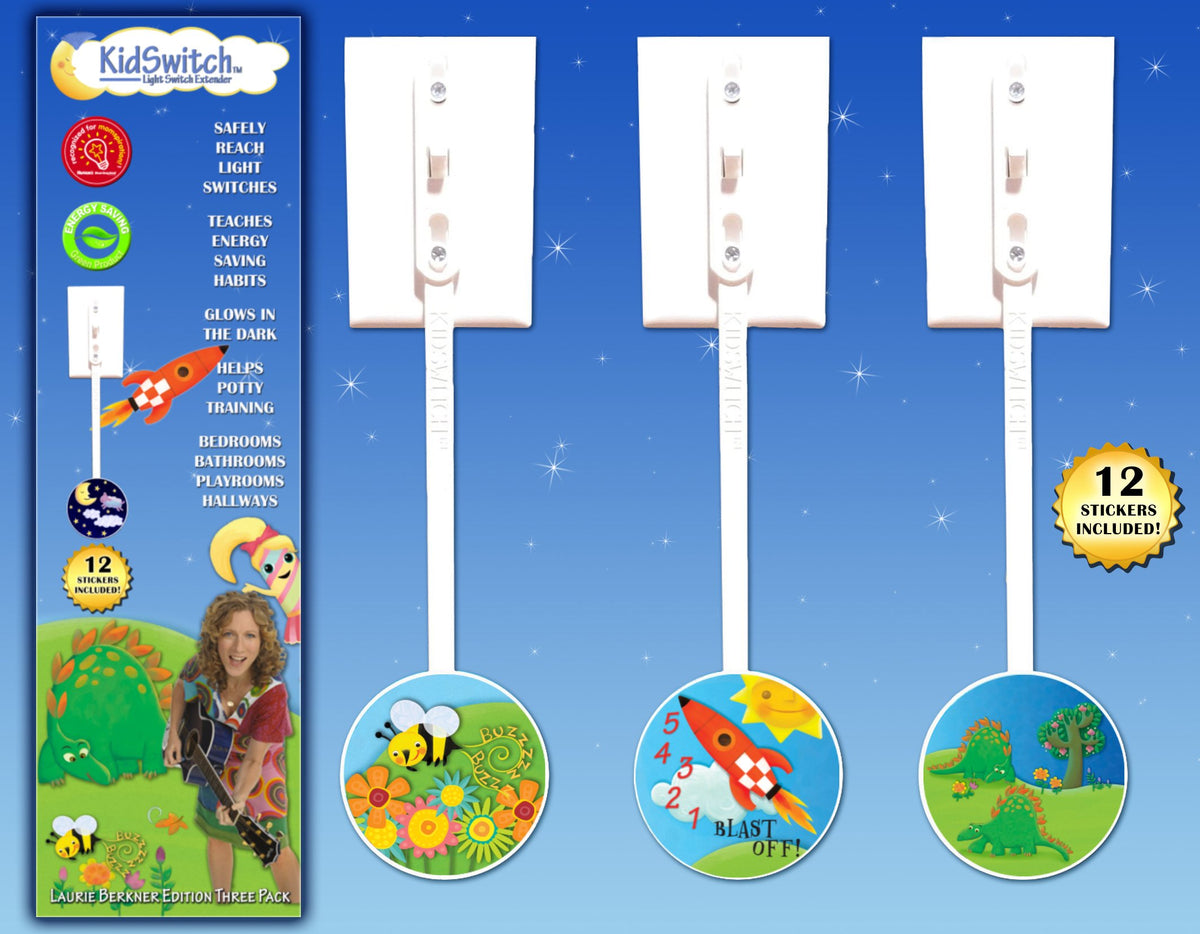KidSwitch lightswitch extension Laurie Berkner edition 3-count package helps toddlers reach lights safely