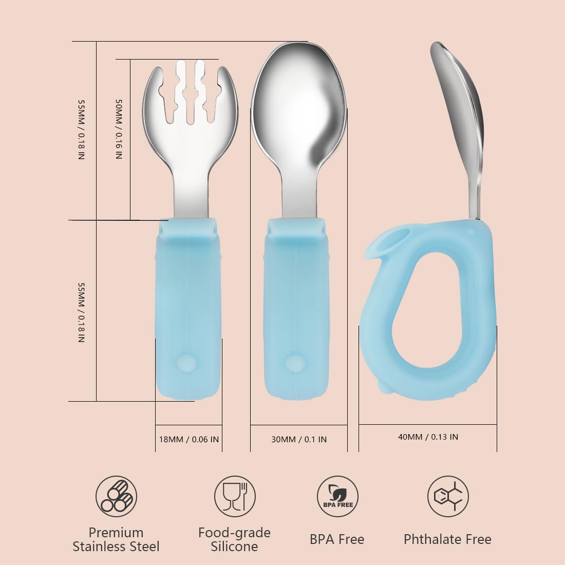 KIFFRIDE toddler utensils in small hands for independent feeding.