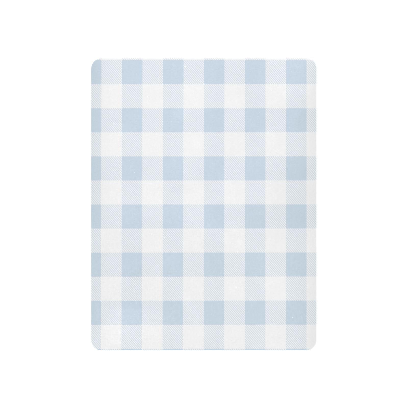 Kigai blue gingham crib sheet close-up showing the elastic band and deep pockets.