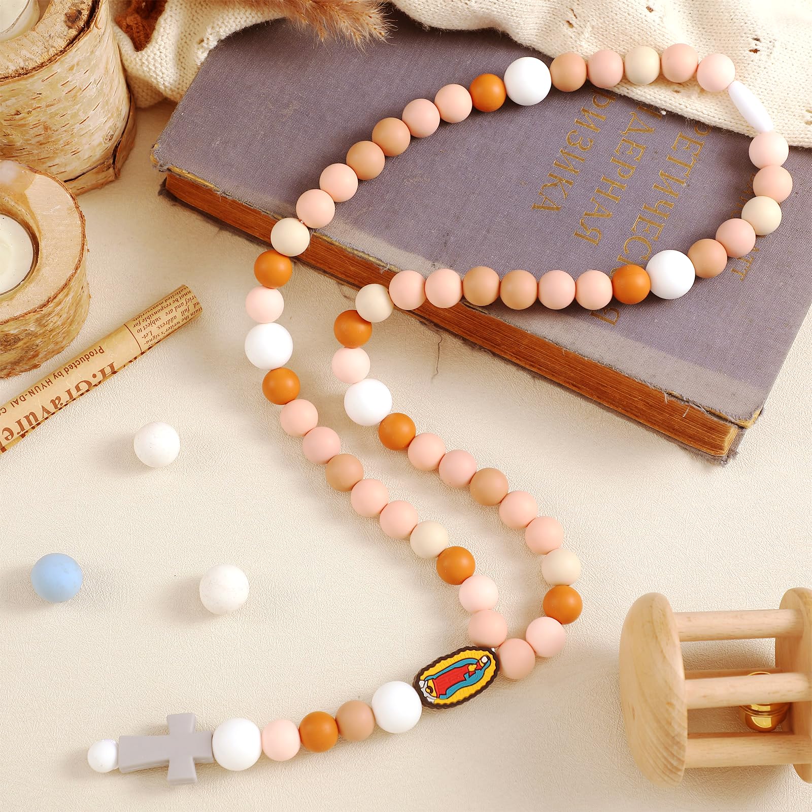 Kigeli cross baptism silicone rosary pink package, ready for gifting at baby showers.