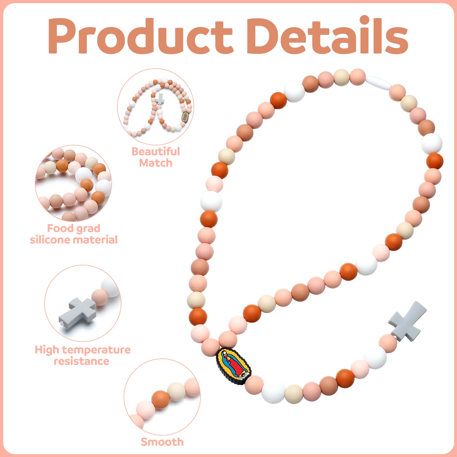 Kigeli pink cross rosary closeup, classic faith symbol with kid-friendly silicone.