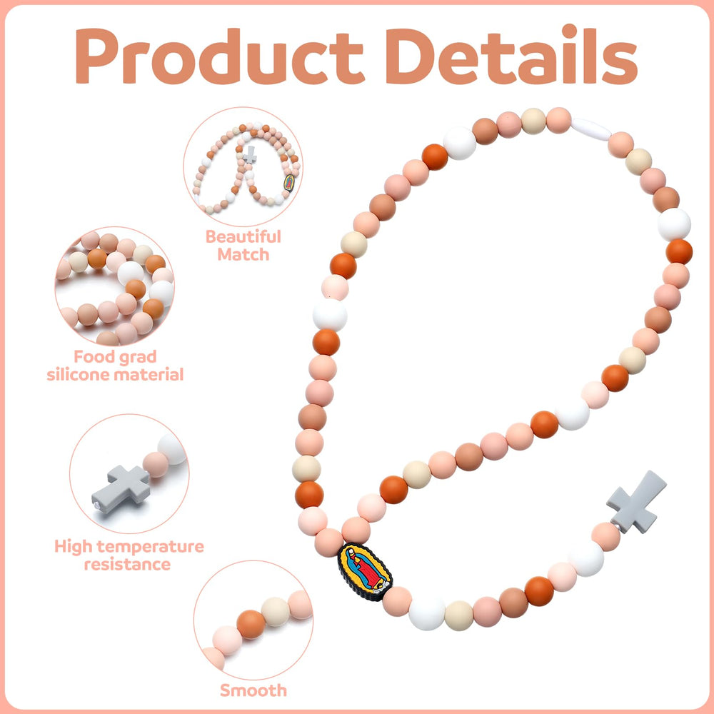 Kigeli pink cross rosary closeup, classic faith symbol with kid-friendly silicone.