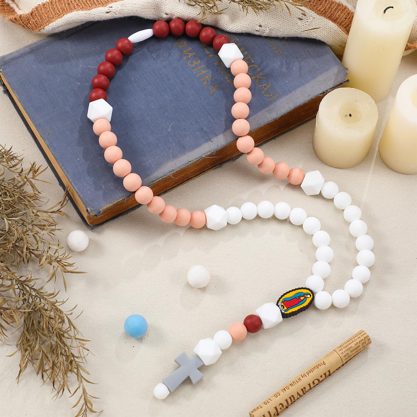 Kigeli rose pink cross baptism rosary close-up of soft silicone beads