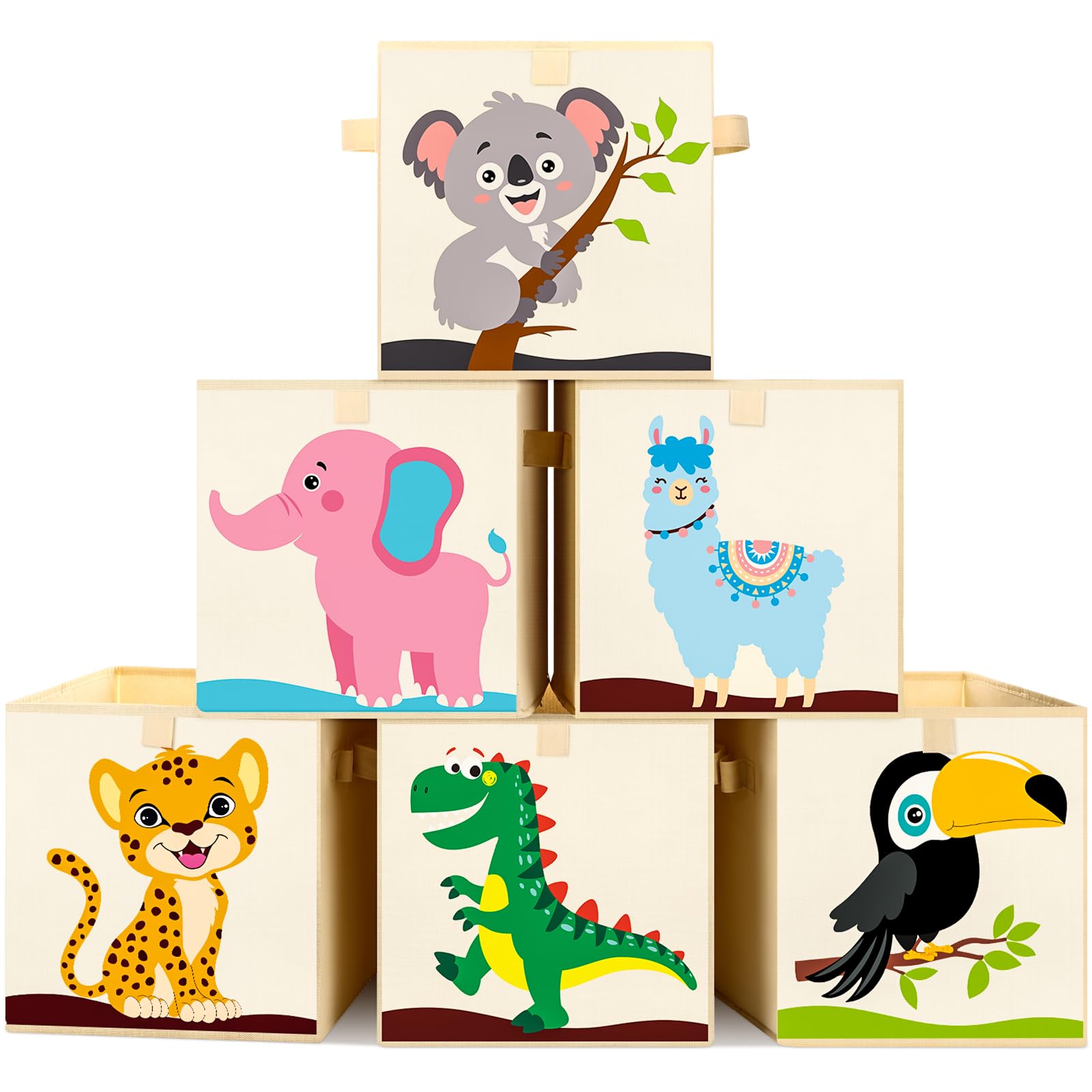 Kigley six-pack collapsible cube with dinosaur design for toy organization in a playroom.