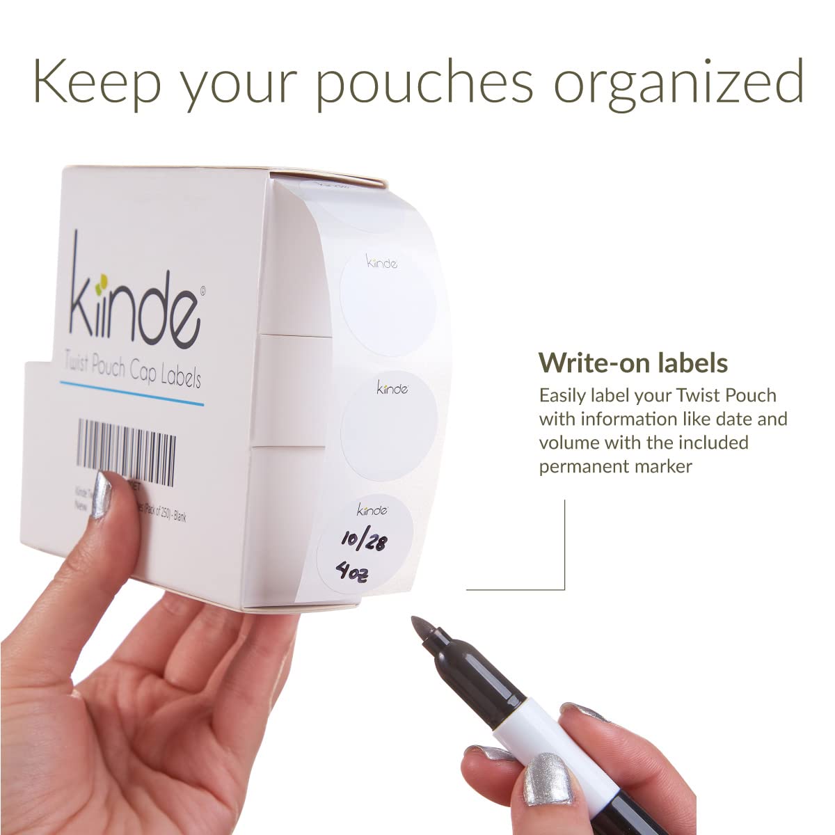 Kiinde Twist label shown on a pouch cap for quick content identification.