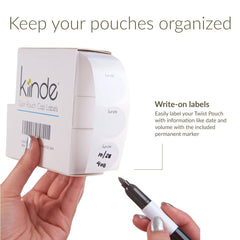 Kiinde Twist label shown on a pouch cap for quick content identification.